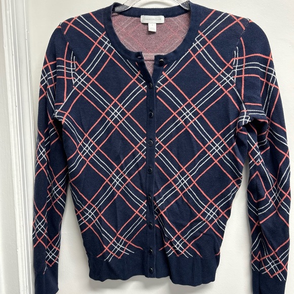 Charter Club Women's Navy and Pink Plaid Cardigan - Picture 1 of 7
